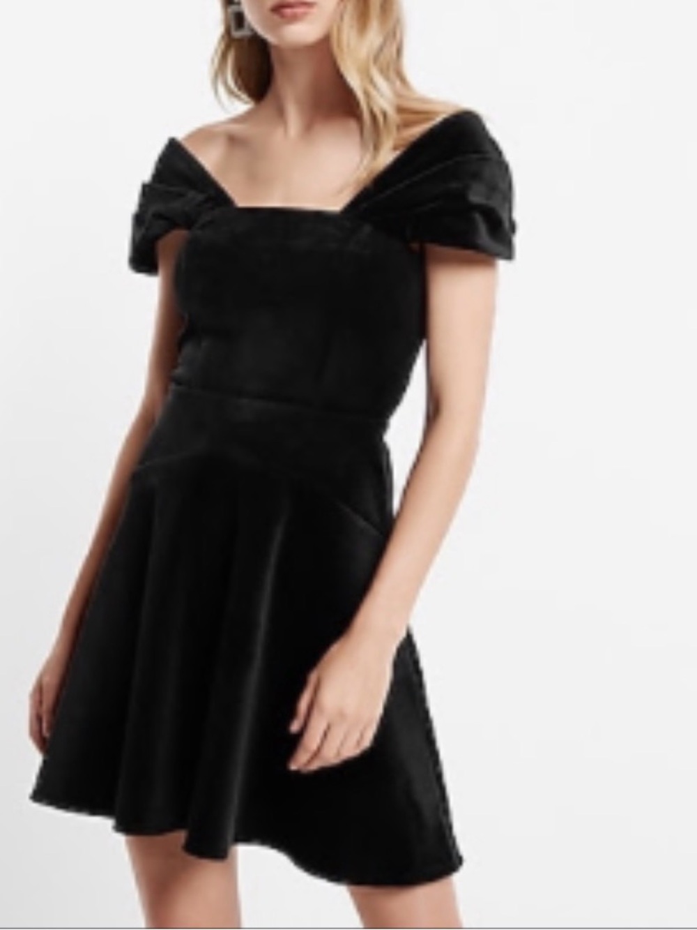 NWT EXPRESS VELVET OFF THE SHOULDER MINI FIT AND FLARE DRESS | Little Black Dres